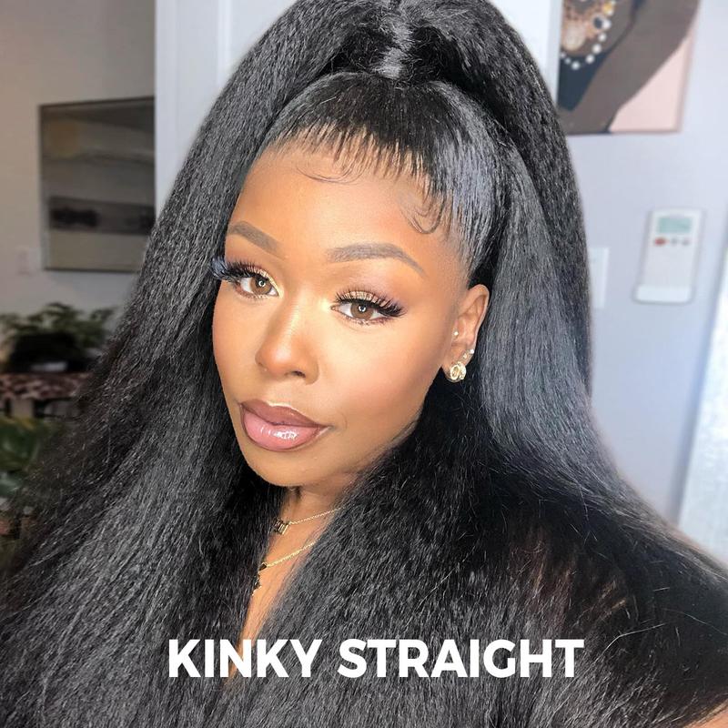 Sale Happening Now:70%OFF🔥Pre-Cut Lace Kinky Straight 360 Full Lace Frontal Glueless Wig With Invisi Drawstring Pre Plucked Human Hair Wig