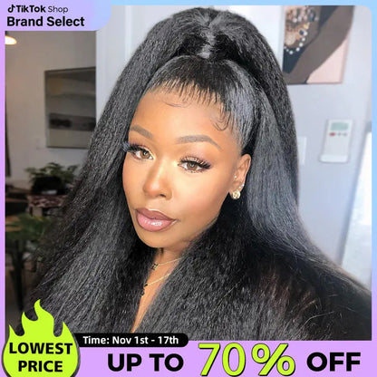 Sale Happening Now:70%OFF🔥Pre-Cut Lace Kinky Straight 360 Full Lace Frontal Glueless Wig With Invisi Drawstring Pre Plucked Human Hair Wig