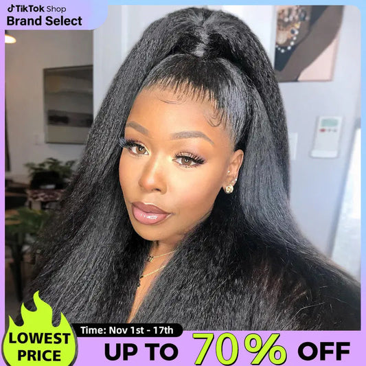 Sale Happening Now:70%OFF🔥Pre-Cut Lace Kinky Straight 360 Full Lace Frontal Glueless Wig With Invisi Drawstring Pre Plucked Human Hair Wig